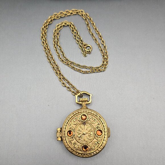 VTG Mary Chess Perfume Locket Necklace 23" Gold Tone Ornate Rhinestones 1960s - Picture 12 of 12